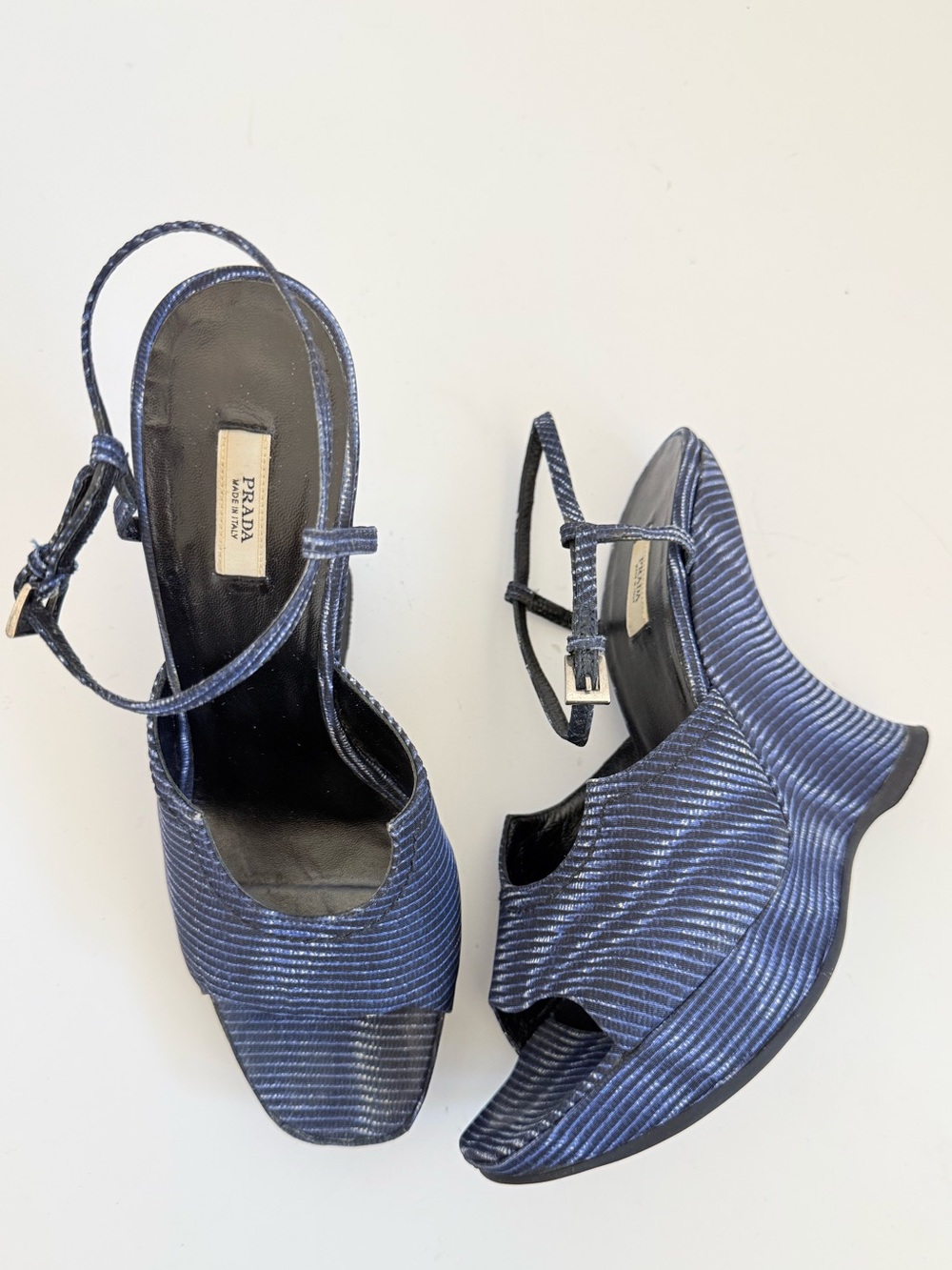 Prada Vintage Fall 2004 Runway Blue Wavy Striped Platform Wedge Sandals EU 38